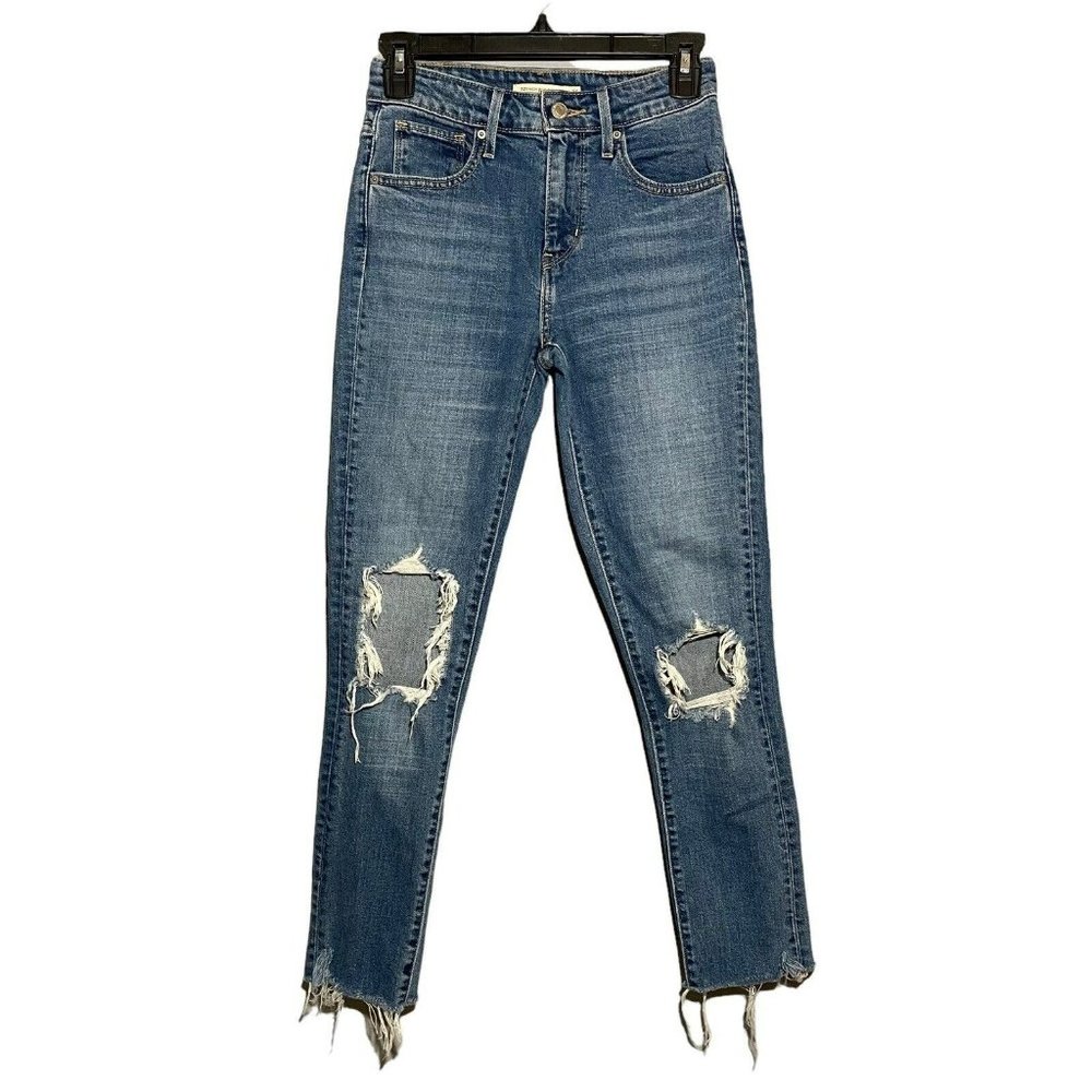 Levis 721 High Rise Skinny Jeans Women Sz 25 Blue Distress Torn Hole Moto Biker